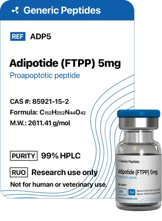 Adipotide (FTPP) 5 mg  %productStrengthvial Prohibitin-targeting peptide 1 by Generic Peptides (Injection)  Fat Loss & Metabolism