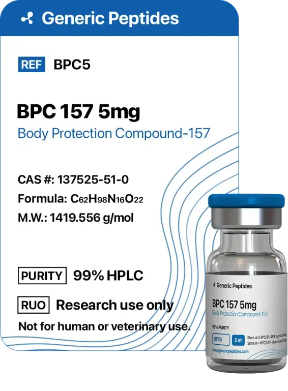 BPC-157 5 mg  %productStrengthvial BPC-157 Pentadecapeptide by Generic Peptides (Injection)  Muscle Recovery & Regenerative