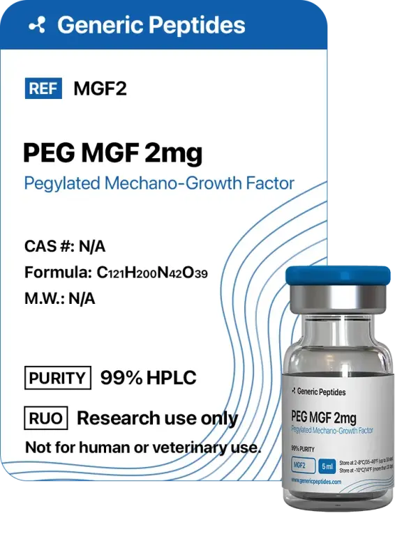 PEG MGF 2 mg  %productStrengthvial Pegylated Mechano Growth Factor by Generic Peptides (Injection)  Muscle Recovery & Regenerative